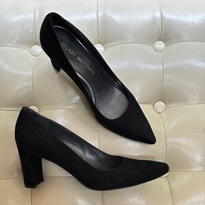Stuart Weitzman Black Textured Block Heel Pumps, real leather